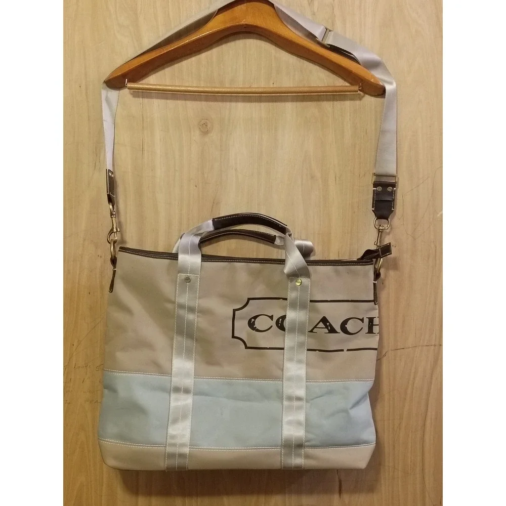 Coach Heritage Stripe Canvas Tote Bag Tan Blue Crossbody C-70132